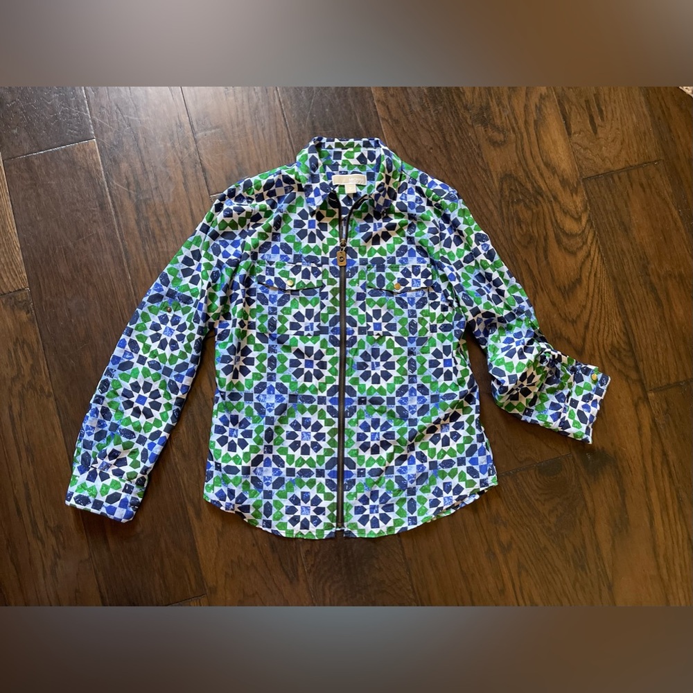 Michael Kors Womens Multi Color Zip Up Jacket Size M Medium Geometric Print, EUC